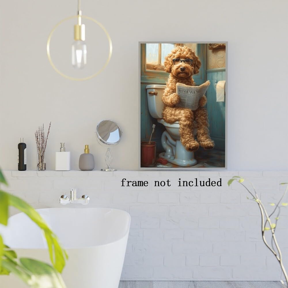 Funny Bathroom Wall Art Goldendoodle on toilet Reading newspaper Humor Animal Poster Picture Canvas Print For Dog Lovers Restroom ideas Decor 8x12inch Unframed