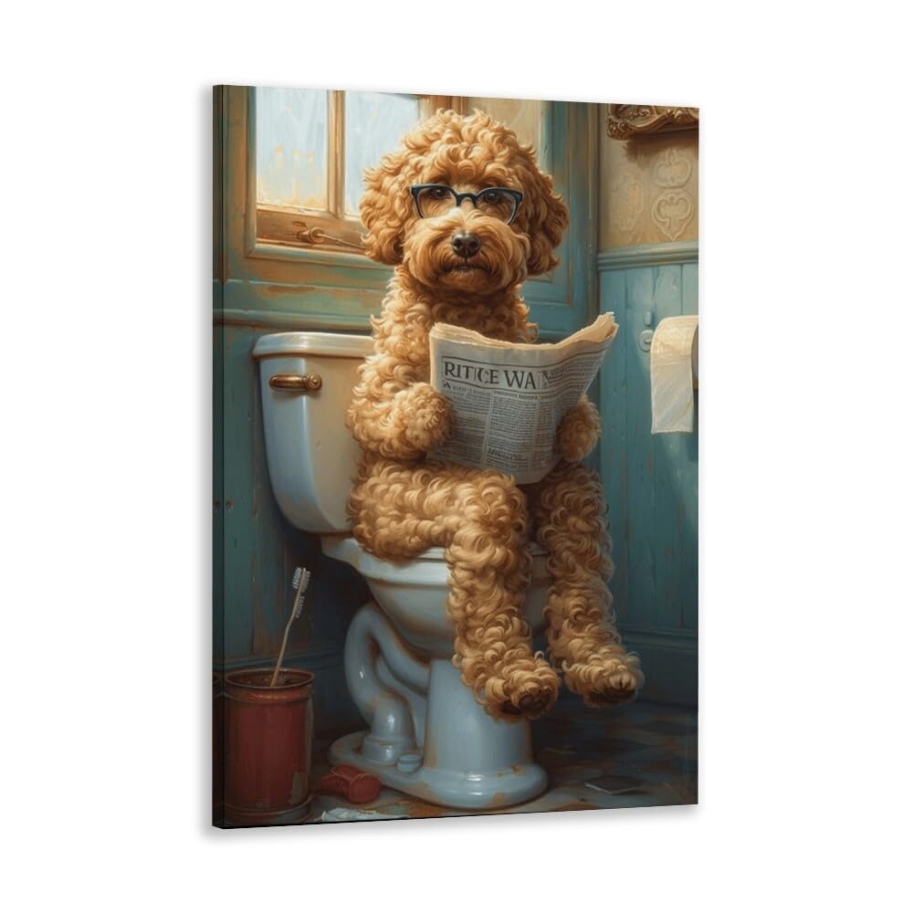Funny Bathroom Wall Art Goldendoodle on toilet Reading newspaper Humor Animal Poster Picture Canvas Print For Dog Lovers Restroom ideas Decor 8x12inch Unframed