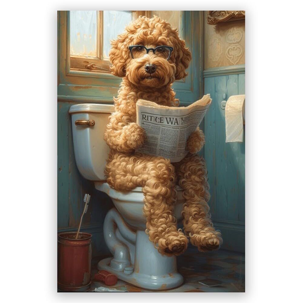 Funny Bathroom Wall Art Goldendoodle on toilet Reading newspaper Humor Animal Poster Picture Canvas Print For Dog Lovers Restroom ideas Decor 8x12inch Unframed