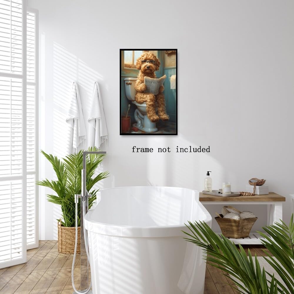 Funny Bathroom Wall Art Goldendoodle on toilet Reading newspaper Humor Animal Poster Picture Canvas Print For Dog Lovers Restroom ideas Decor 8x12inch Unframed