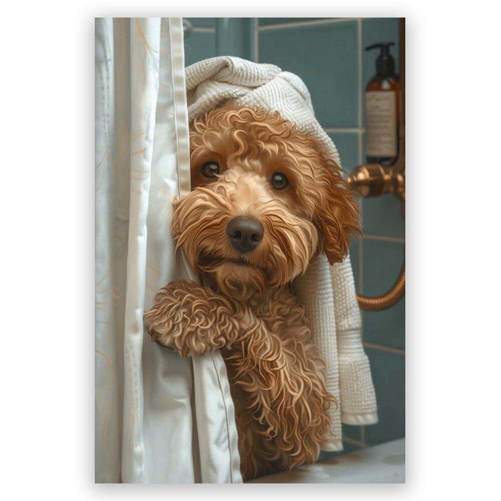 Funny Bathroom Wall Art Goldendoodle on toilet Reading newspaper Humor Animal Poster Picture Canvas Print For Dog Lovers Restroom ideas Decor 8x12inch Unframed