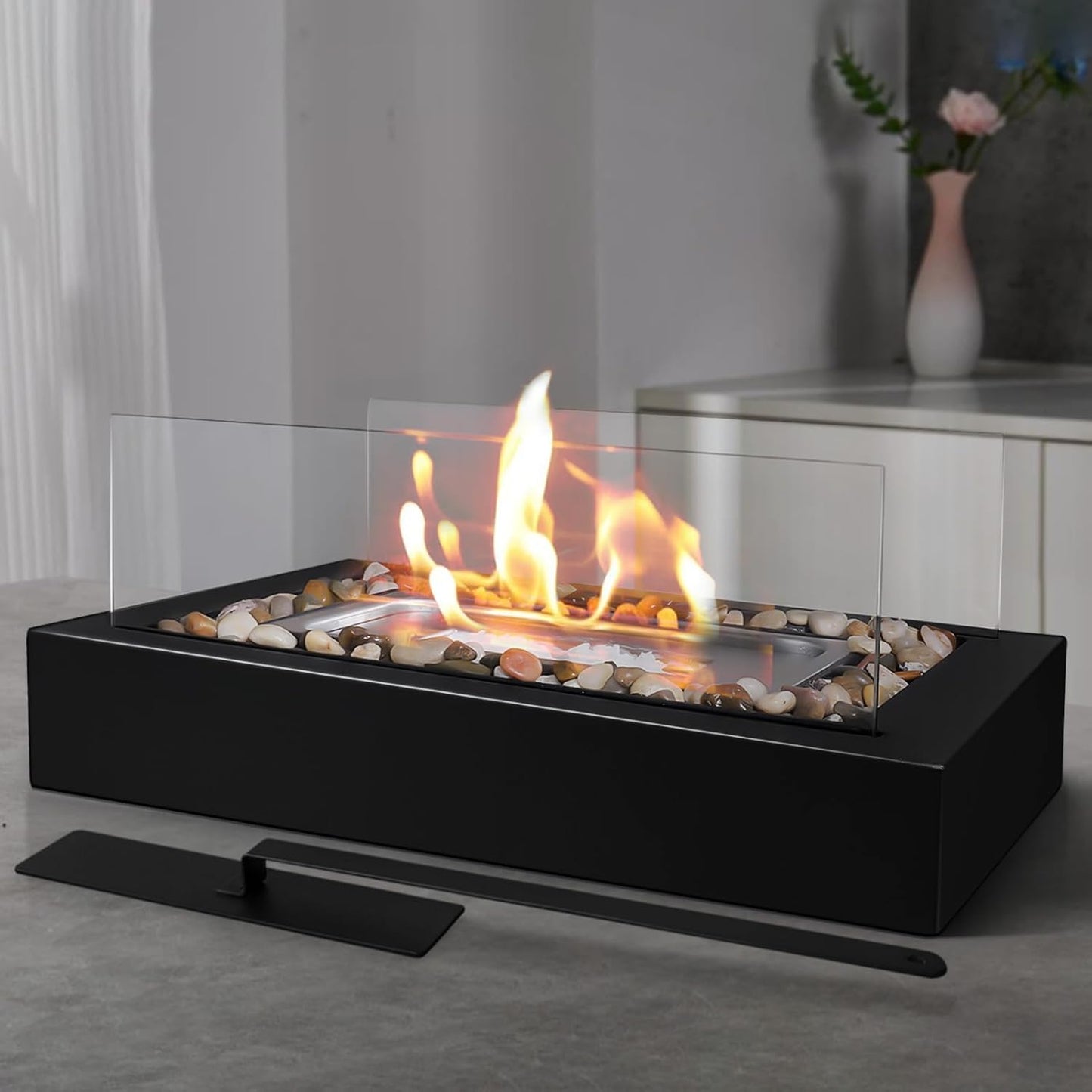 Metal Table Fire - US Patent Design - Safer Burning with Gel Fuel, Tabletop Flame with Stones Decorated, Warm Decoration for Friday Nights, Premium Gift for Parties & Weddings (Gel was not Included)
