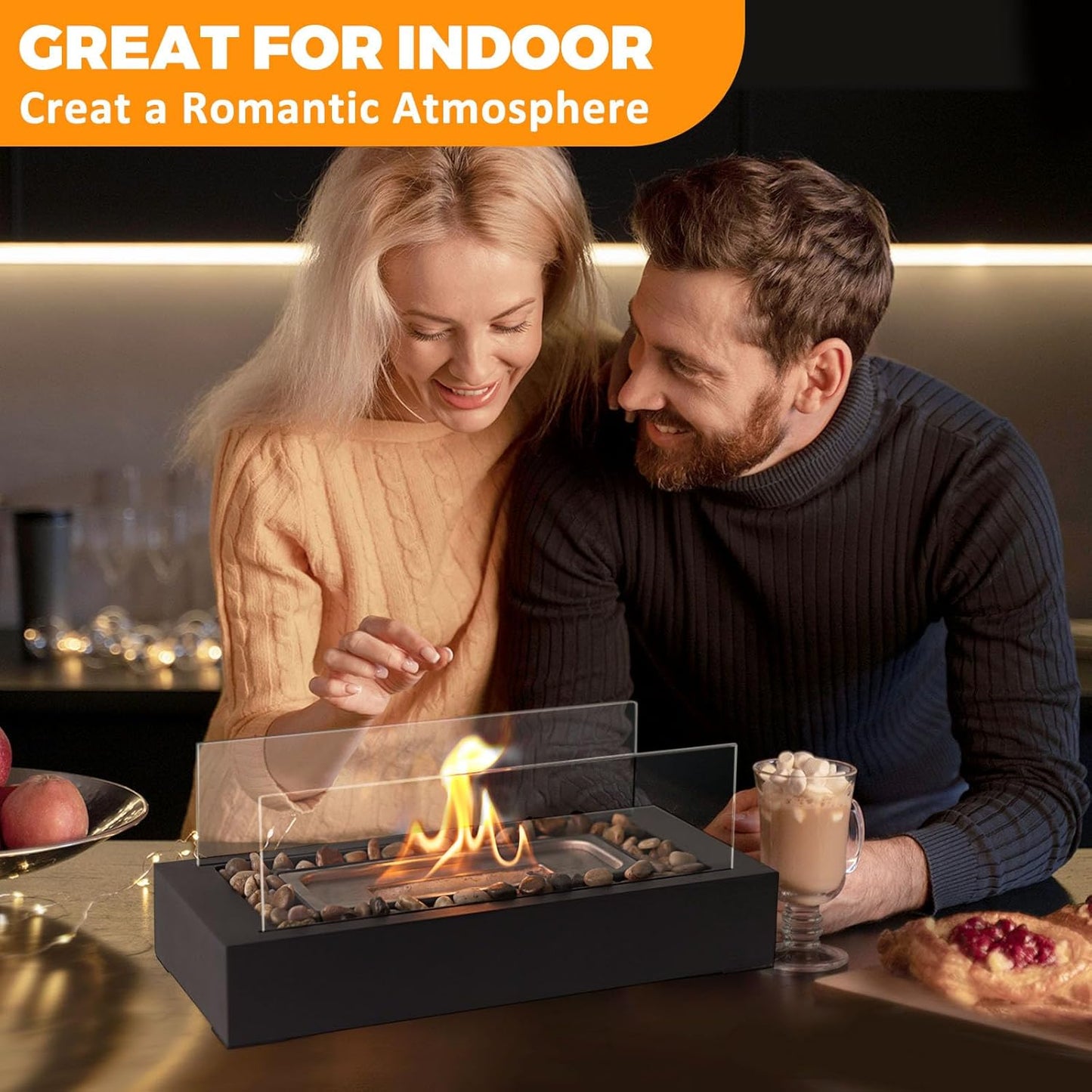 Metal Table Fire - US Patent Design - Safer Burning with Gel Fuel, Tabletop Flame with Stones Decorated, Warm Decoration for Friday Nights, Premium Gift for Parties & Weddings (Gel was not Included)