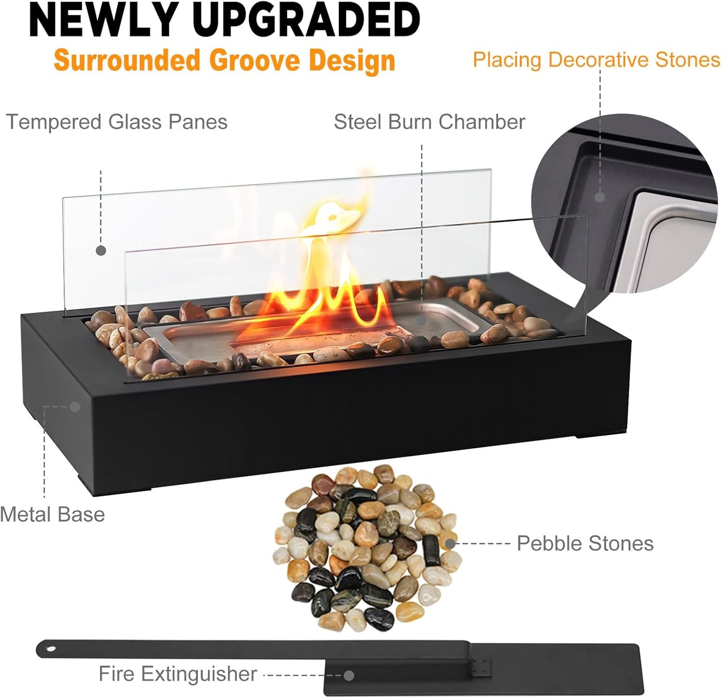 Metal Table Fire - US Patent Design - Safer Burning with Gel Fuel, Tabletop Flame with Stones Decorated, Warm Decoration for Friday Nights, Premium Gift for Parties & Weddings (Gel was not Included)