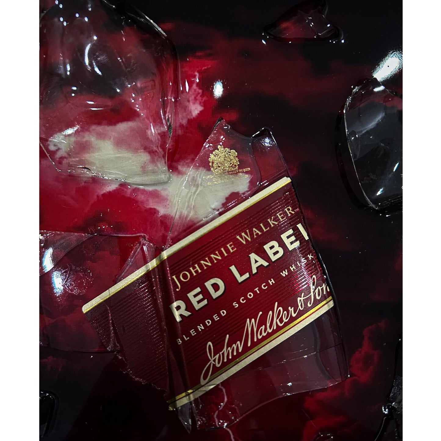 Shattered Red Label Resin Art – 3D Broken Glass Wall Decor with Red Lightning"