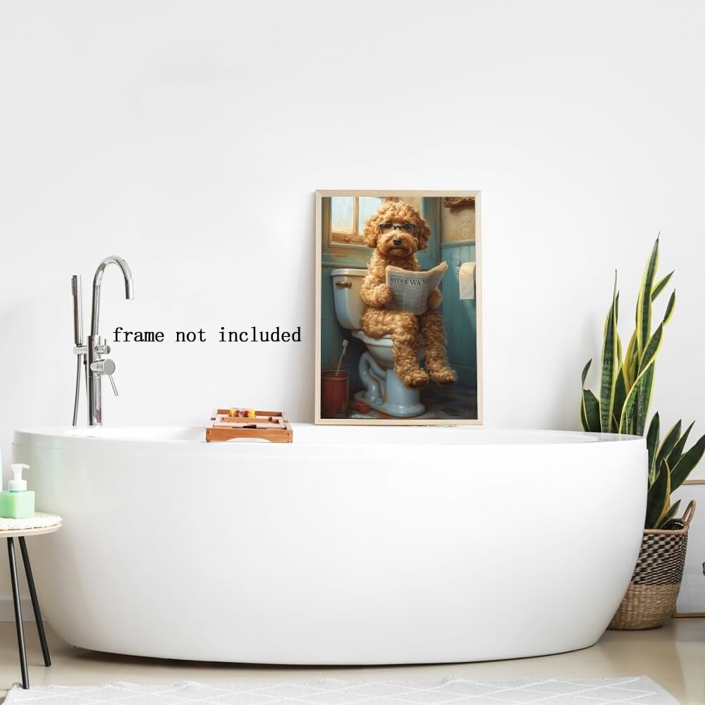 Funny Bathroom Wall Art Goldendoodle on toilet Reading newspaper Humor Animal Poster Picture Canvas Print For Dog Lovers Restroom ideas Decor 8x12inch Unframed