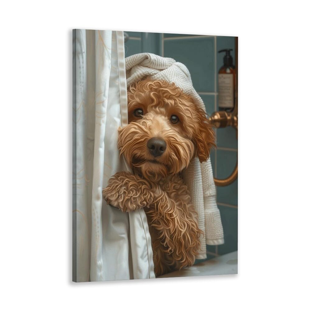 Funny Bathroom Wall Art Goldendoodle on toilet Reading newspaper Humor Animal Poster Picture Canvas Print For Dog Lovers Restroom ideas Decor 8x12inch Unframed