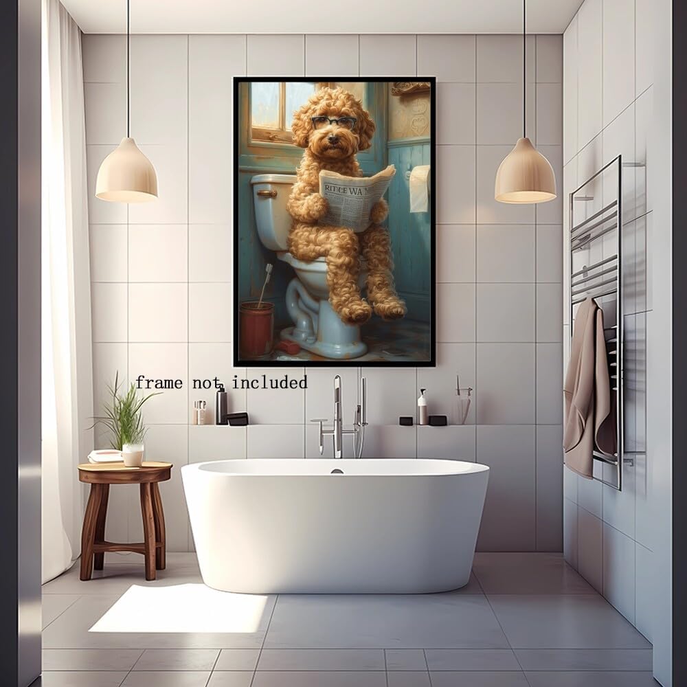 Funny Bathroom Wall Art Goldendoodle on toilet Reading newspaper Humor Animal Poster Picture Canvas Print For Dog Lovers Restroom ideas Decor 8x12inch Unframed