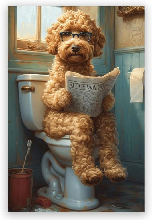 Funny Bathroom Wall Art Goldendoodle on toilet Reading newspaper Humor Animal Poster Picture Canvas Print For Dog Lovers Restroom ideas Decor 8x12inch Unframed