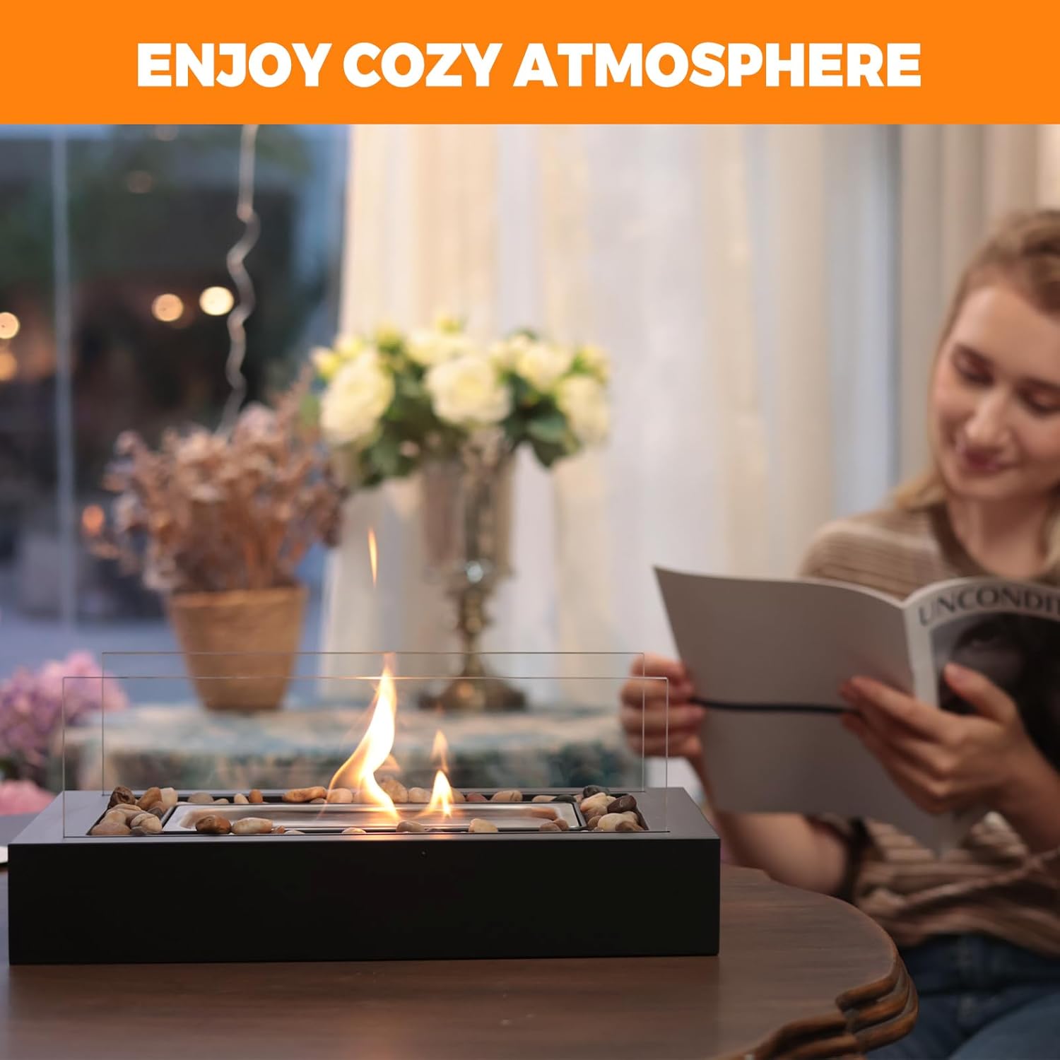 Metal Table Fire - US Patent Design - Safer Burning with Gel Fuel, Tabletop Flame with Stones Decorated, Warm Decoration for Friday Nights, Premium Gift for Parties & Weddings (Gel was not Included)