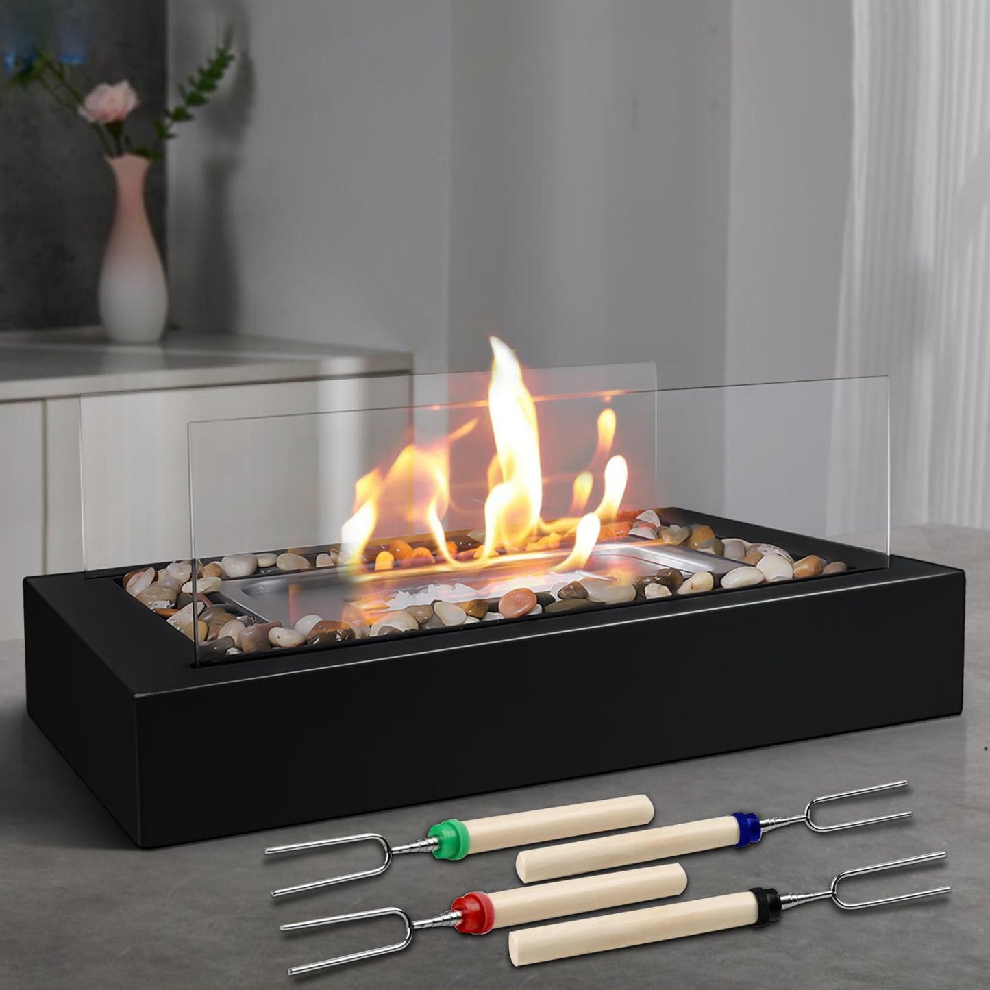 Metal Table Fire - US Patent Design - Safer Burning with Gel Fuel, Tabletop Flame with Stones Decorated, Warm Decoration for Friday Nights, Premium Gift for Parties & Weddings (Gel was not Included)