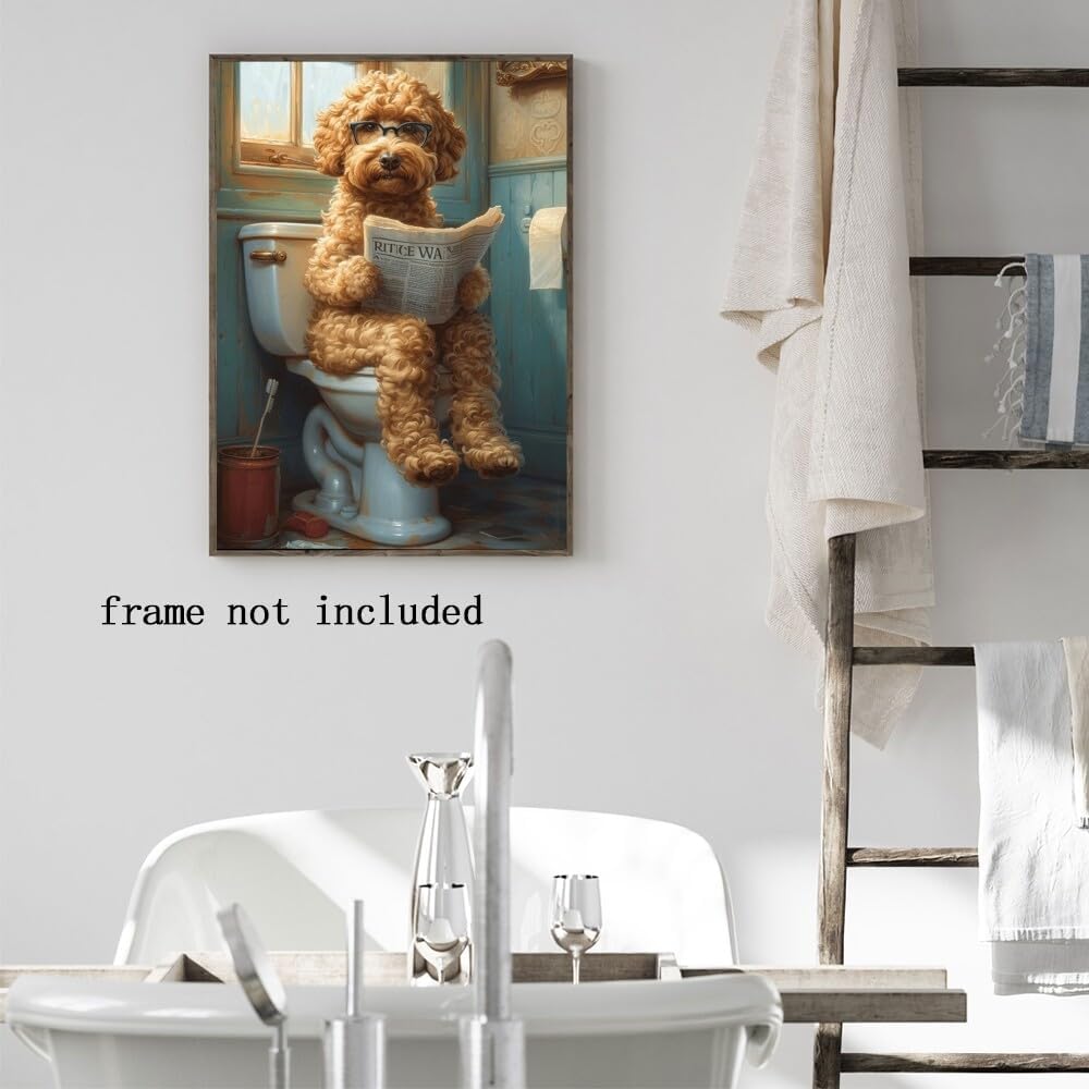 Funny Bathroom Wall Art Goldendoodle on toilet Reading newspaper Humor Animal Poster Picture Canvas Print For Dog Lovers Restroom ideas Decor 8x12inch Unframed