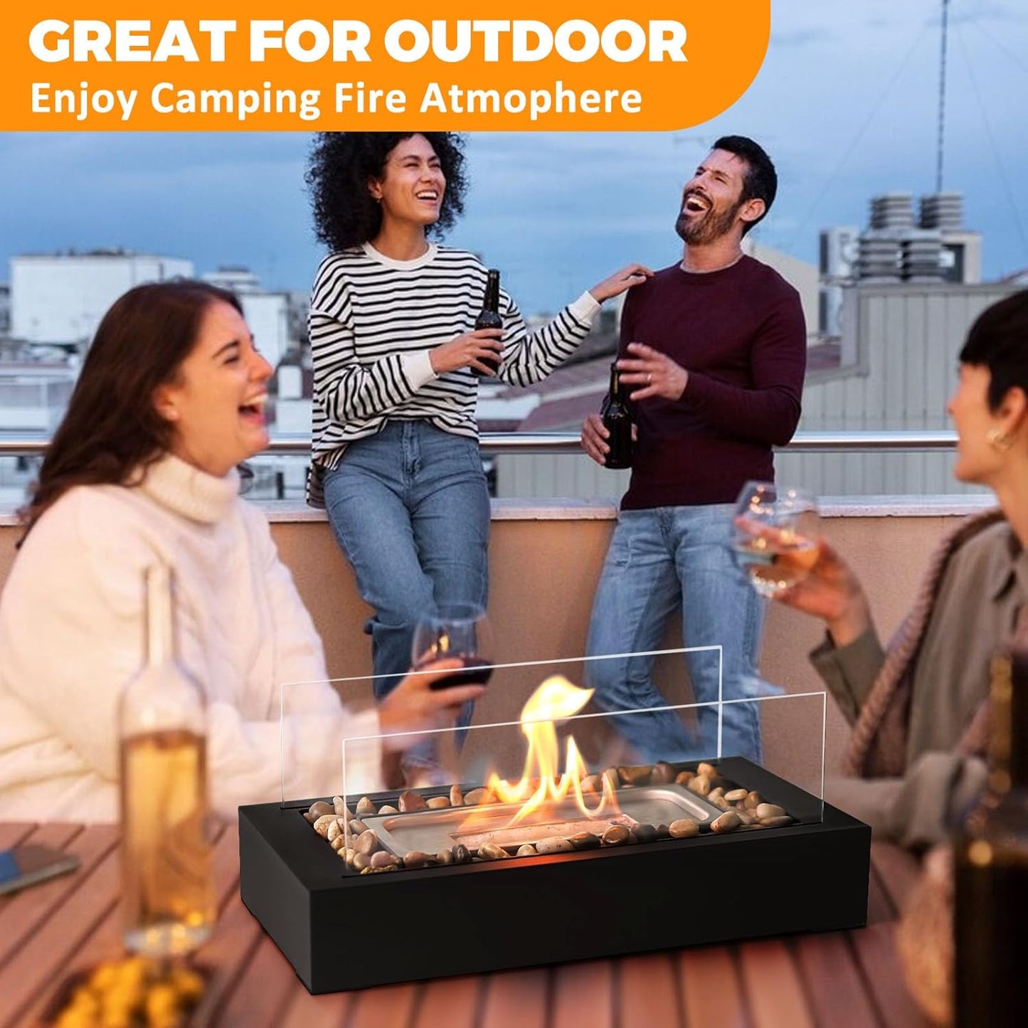 Metal Table Fire - US Patent Design - Safer Burning with Gel Fuel, Tabletop Flame with Stones Decorated, Warm Decoration for Friday Nights, Premium Gift for Parties & Weddings (Gel was not Included)