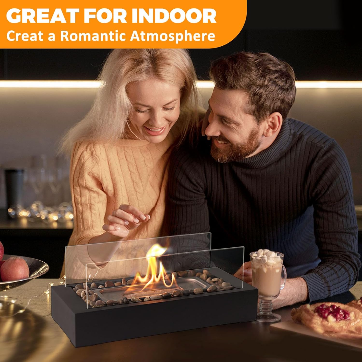 Metal Table Fire - US Patent Design - Safer Burning with Gel Fuel, Tabletop Flame with Stones Decorated, Warm Decoration for Friday Nights, Premium Gift for Parties & Weddings (Gel was not Included)