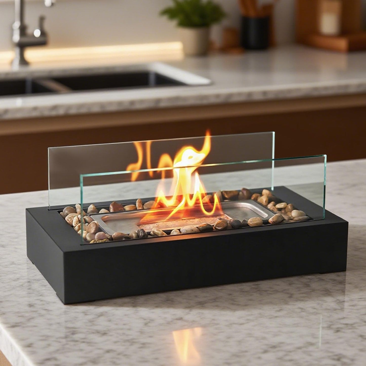 Metal Table Fire - US Patent Design - Safer Burning with Gel Fuel, Tabletop Flame with Stones Decorated, Warm Decoration for Friday Nights, Premium Gift for Parties & Weddings (Gel was not Included)