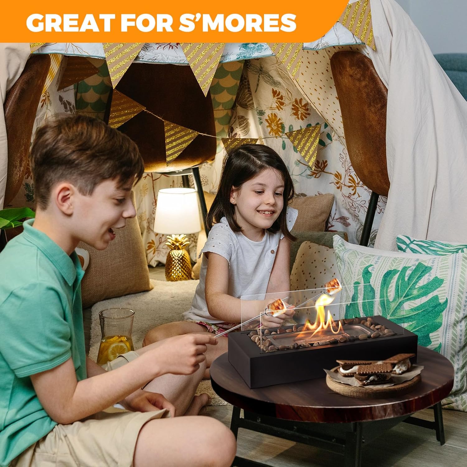 Metal Table Fire - US Patent Design - Safer Burning with Gel Fuel, Tabletop Flame with Stones Decorated, Warm Decoration for Friday Nights, Premium Gift for Parties & Weddings (Gel was not Included)