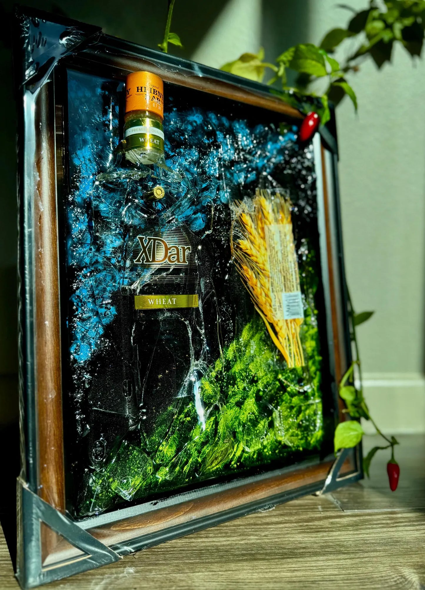 "Custom Resin Bottle Art Frame – Personalized Whiskey, Vodka, Tequila, or Wine with Symbolic Storytelling Design"