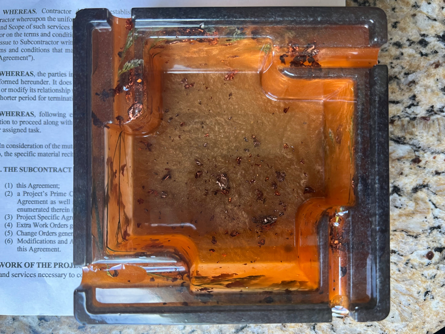 Floral Amber Resin Ashtray — Handcrafted Square with Real Flowers