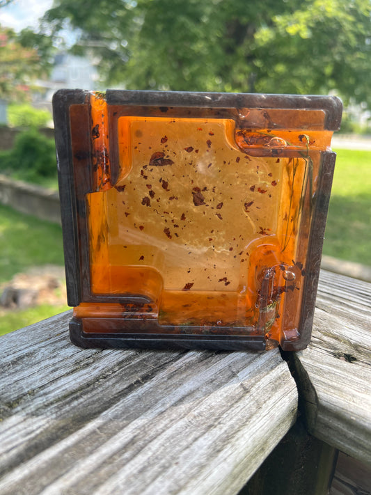 Floral Amber Resin Ashtray — Handcrafted Square with Real Flowers