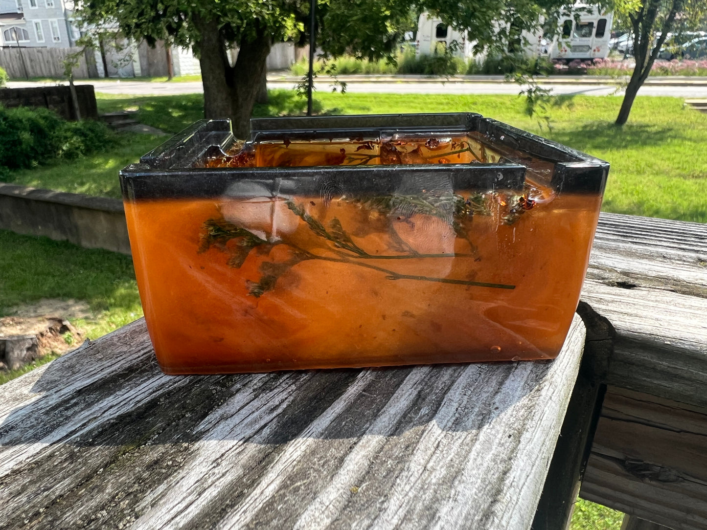 Floral Amber Resin Ashtray — Handcrafted Square with Real Flowers