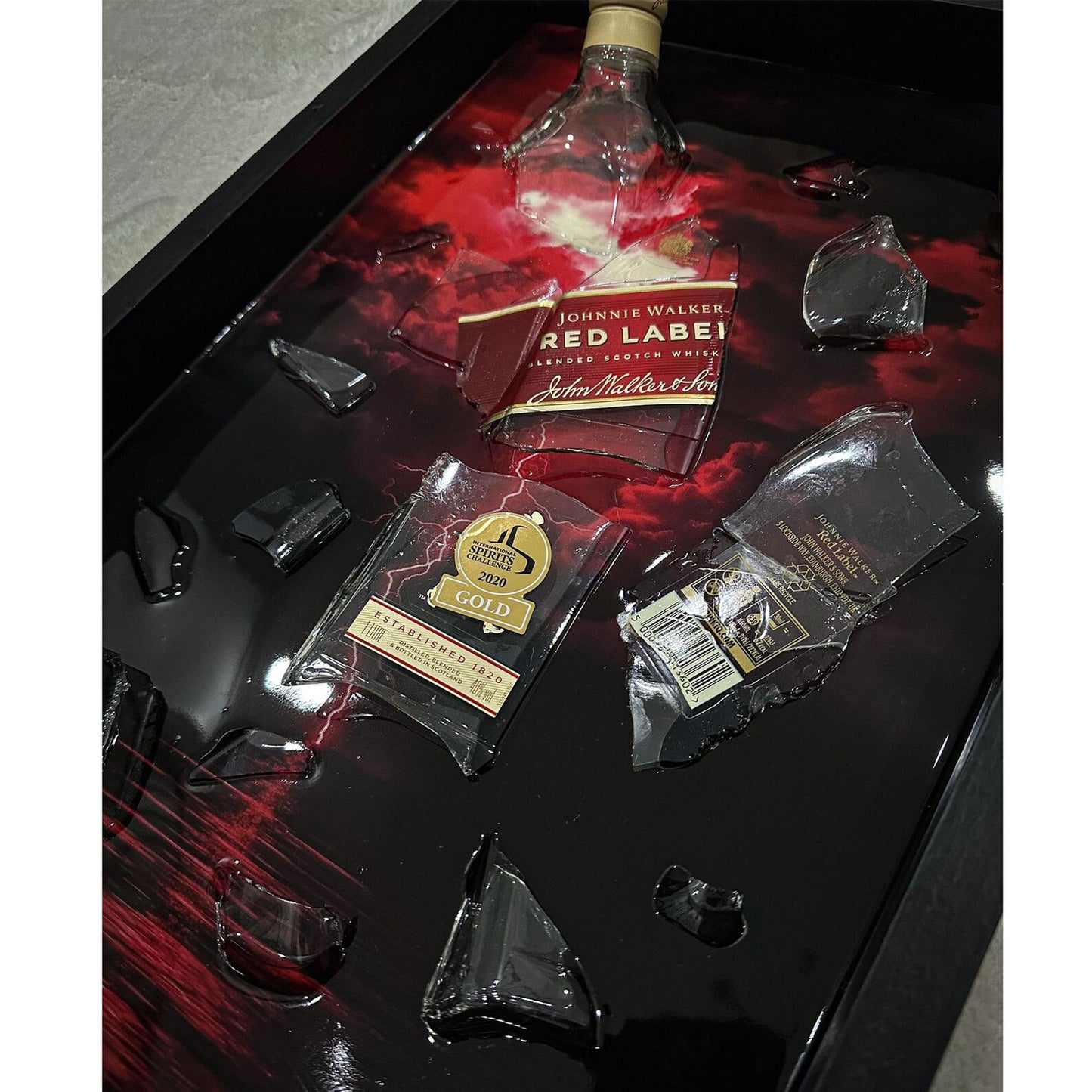 Shattered Red Label Resin Art – 3D Broken Glass Wall Decor with Red Lightning"