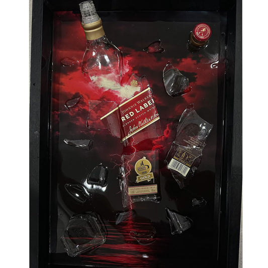 Shattered Red Label Resin Art – 3D Broken Glass Wall Decor with Red Lightning"